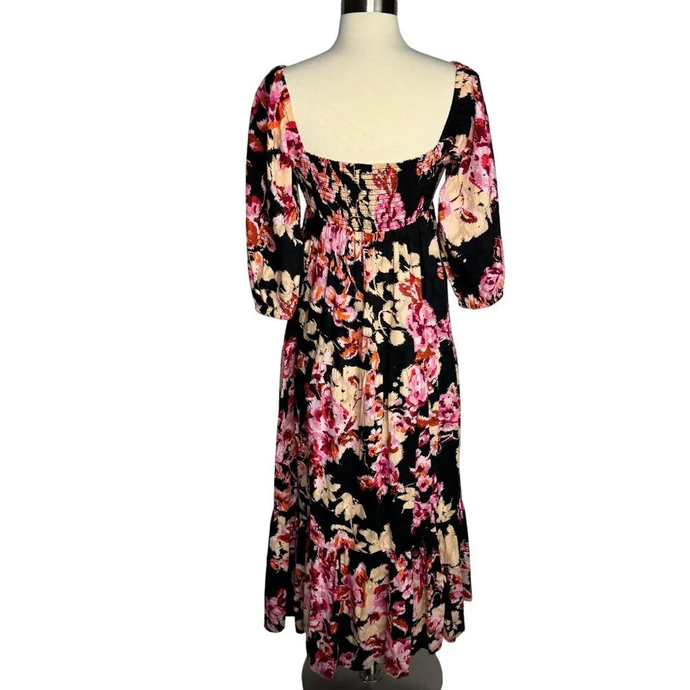 Anthropologie 100% Cotton Boho‎ Black Floral Pink Maxi Dress Balloon Sleeve